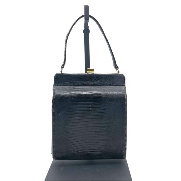 Vintage Black Lizard Embossed Leather Top Handle Frame Bag Gold Hardware 9.5x7